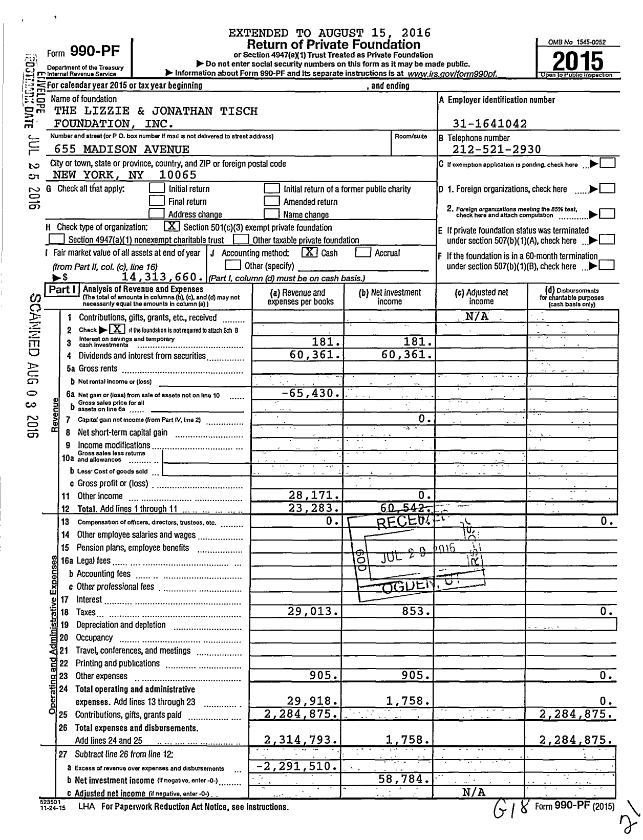 Image of first page of 2015 Form 990PF for The Lizzie and Jonathan Tisch Foundation