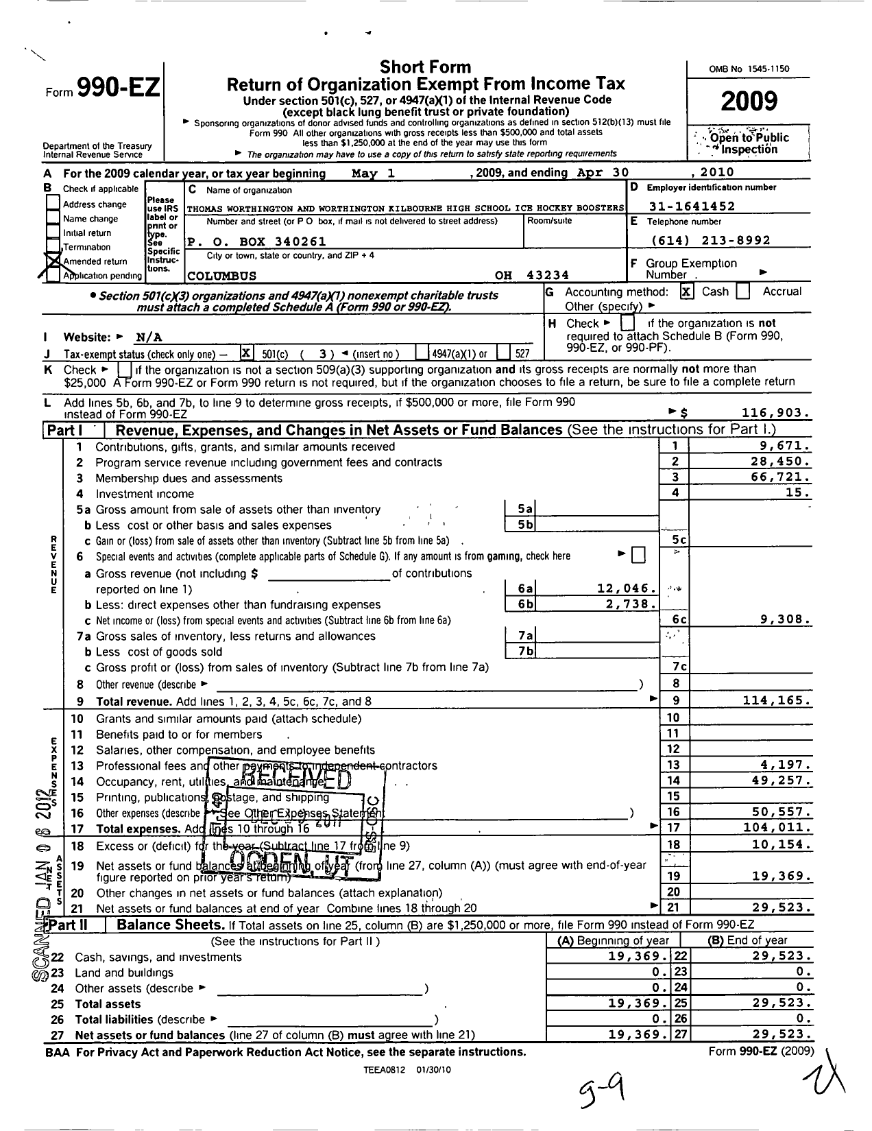 Image of first page of 2009 Form 990EZ for Thomas Worthington and Worthington Kilbourne Ice Hockey Boosters