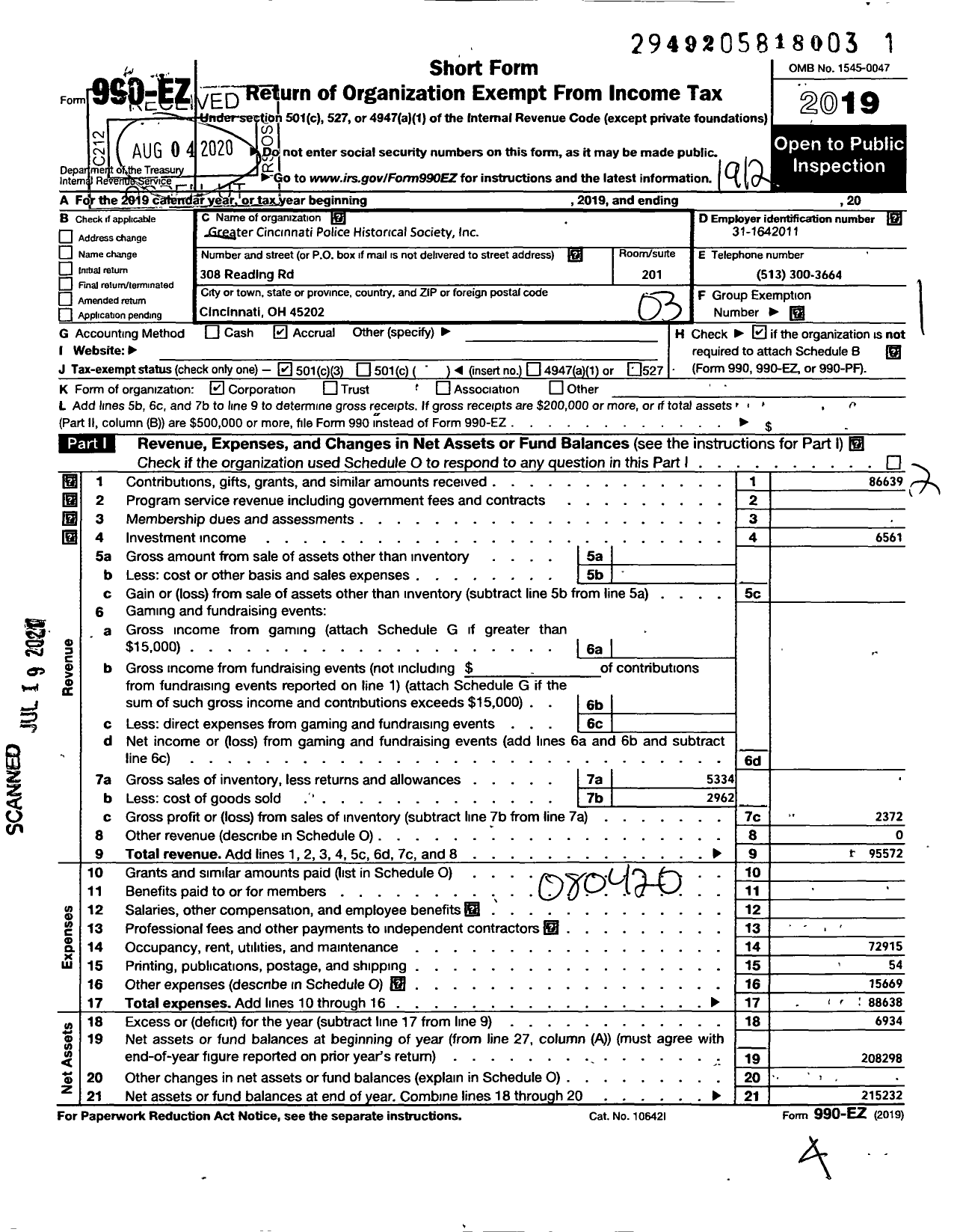 Image of first page of 2019 Form 990EZ for Greater Cincinnati Police Historical Society