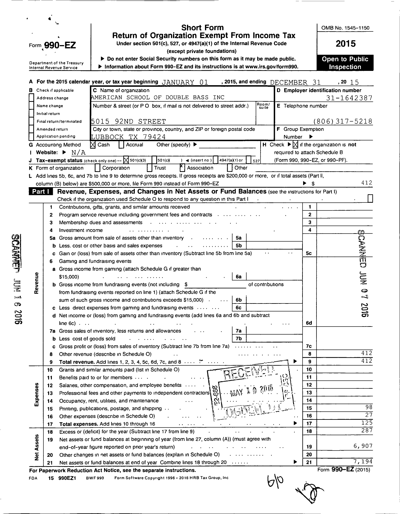 Image of first page of 2015 Form 990EZ for American School of Double Bass