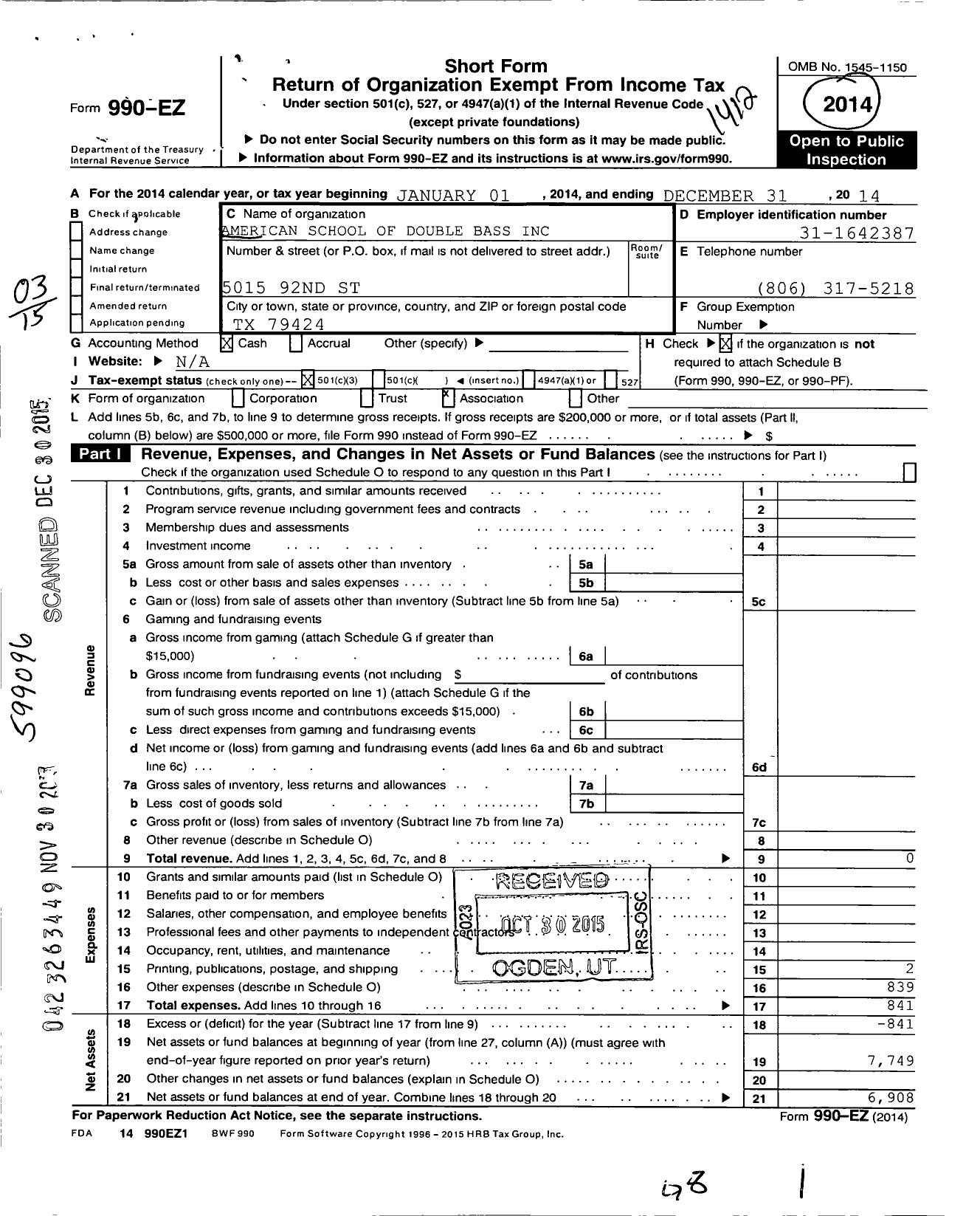 Image of first page of 2014 Form 990EZ for American School of Double Bass