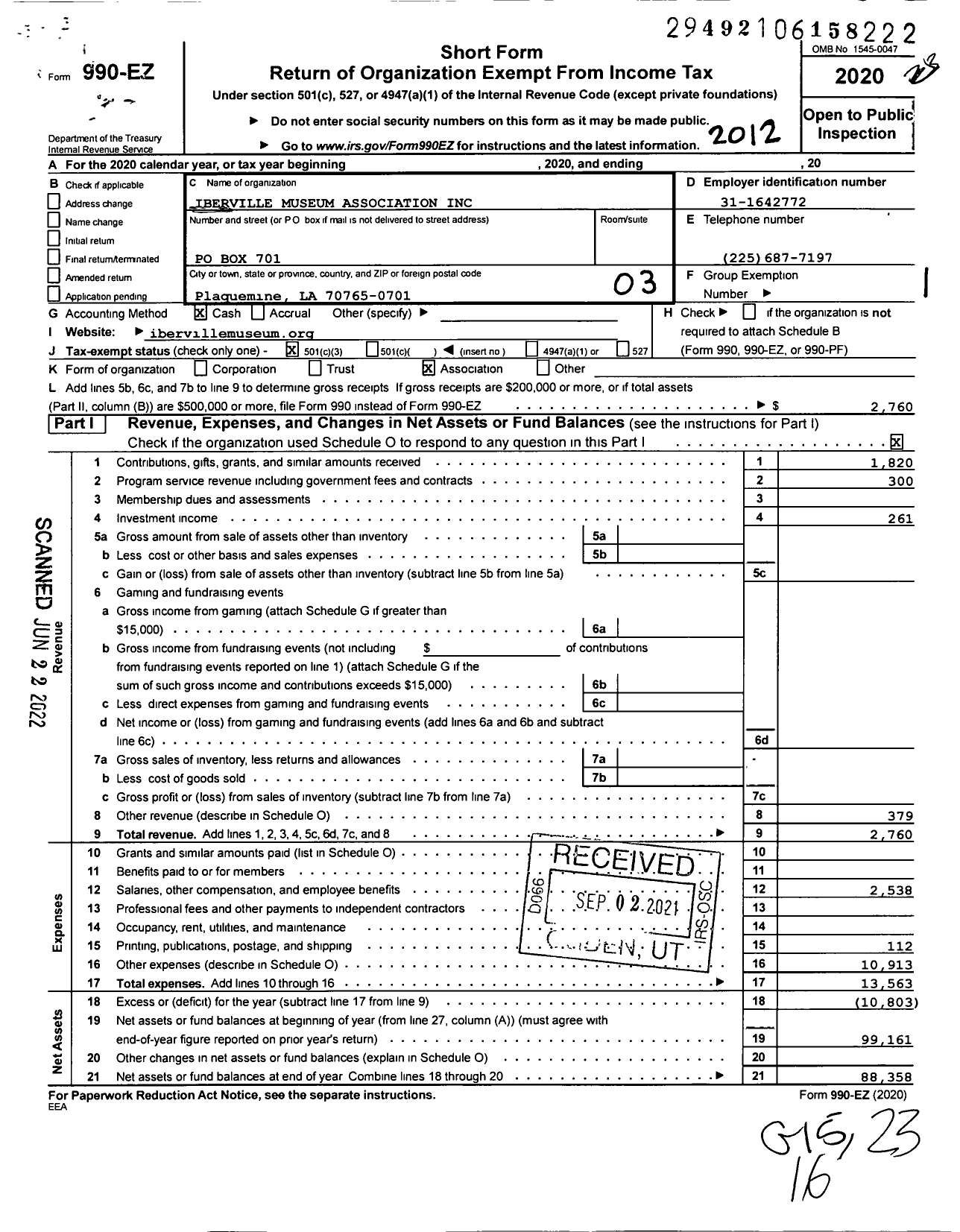 Image of first page of 2020 Form 990EZ for Iberville Museum Association