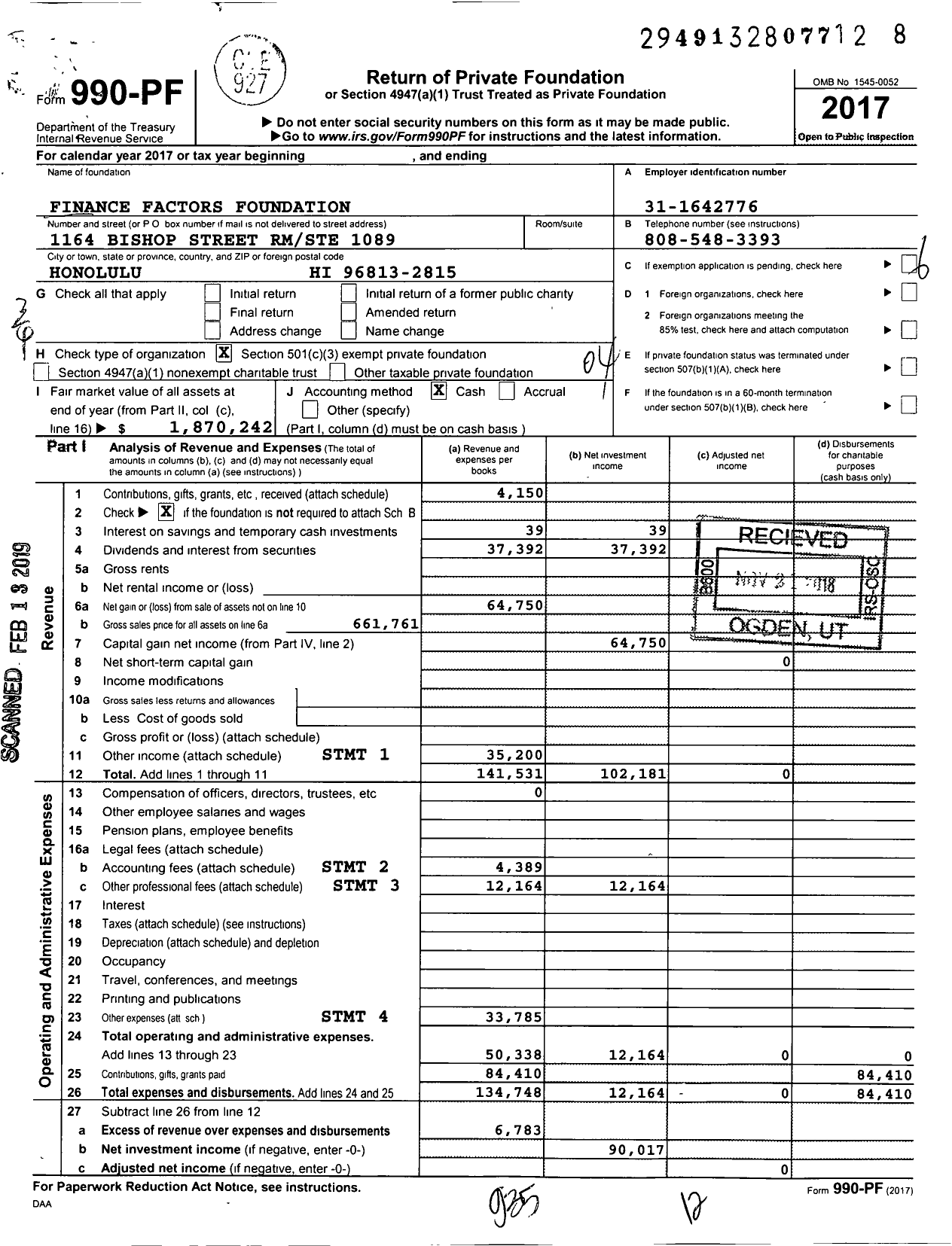 Image of first page of 2017 Form 990PF for Finance Factors Foundation