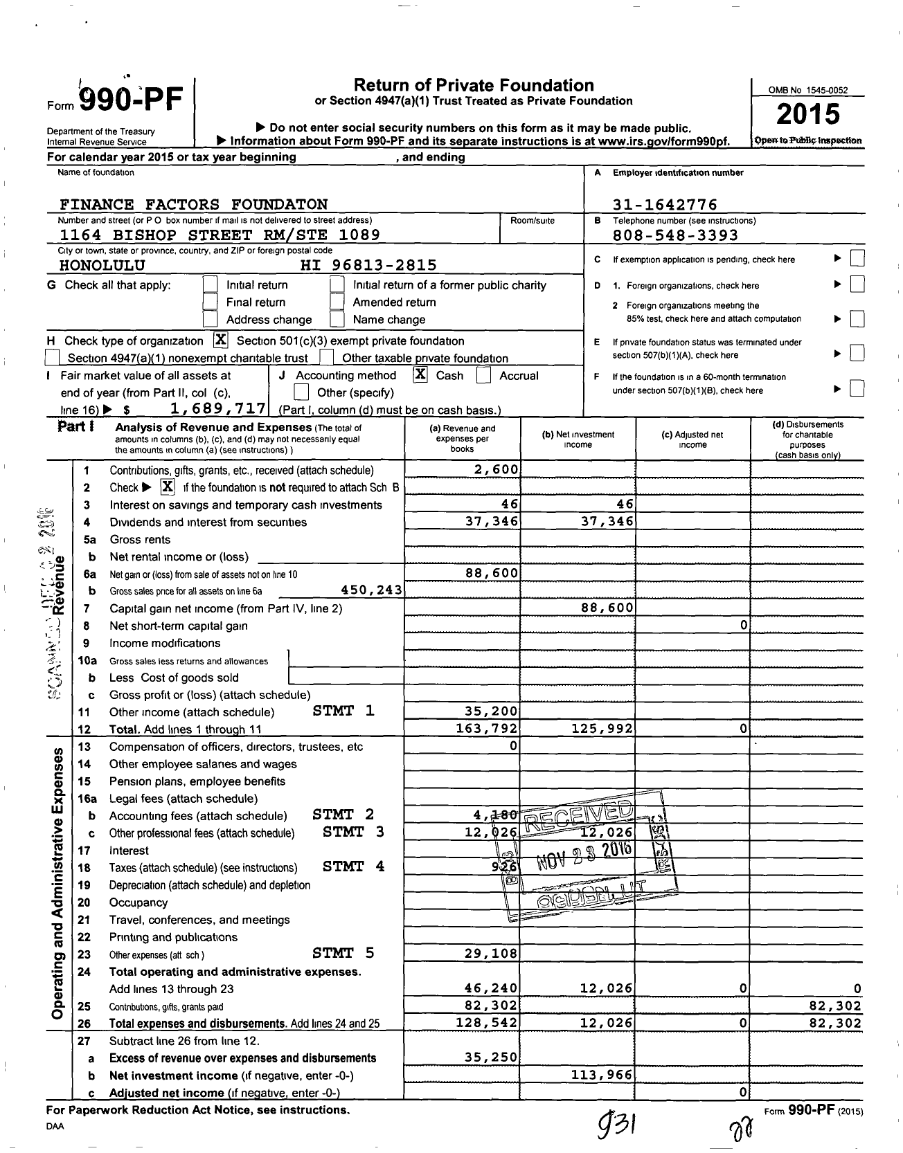 Image of first page of 2015 Form 990PF for Finance Factors Foundation