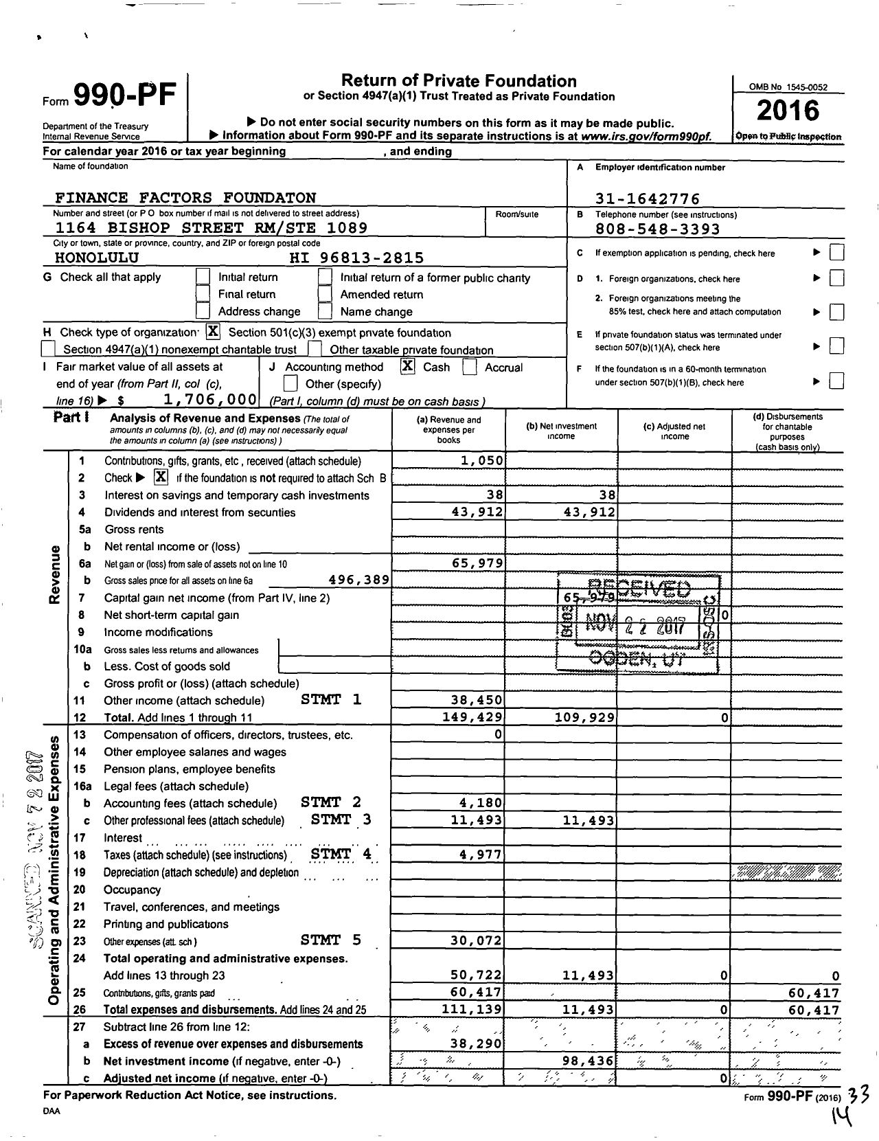 Image of first page of 2016 Form 990PF for Finance Factors Foundation