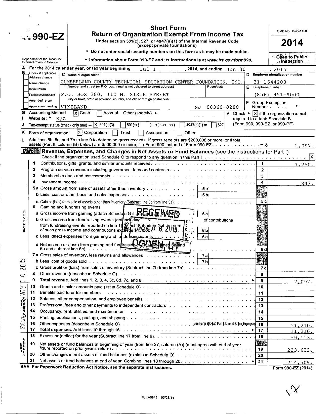 Image of first page of 2014 Form 990EZ for Cumberland County Technical Education Center Foundation