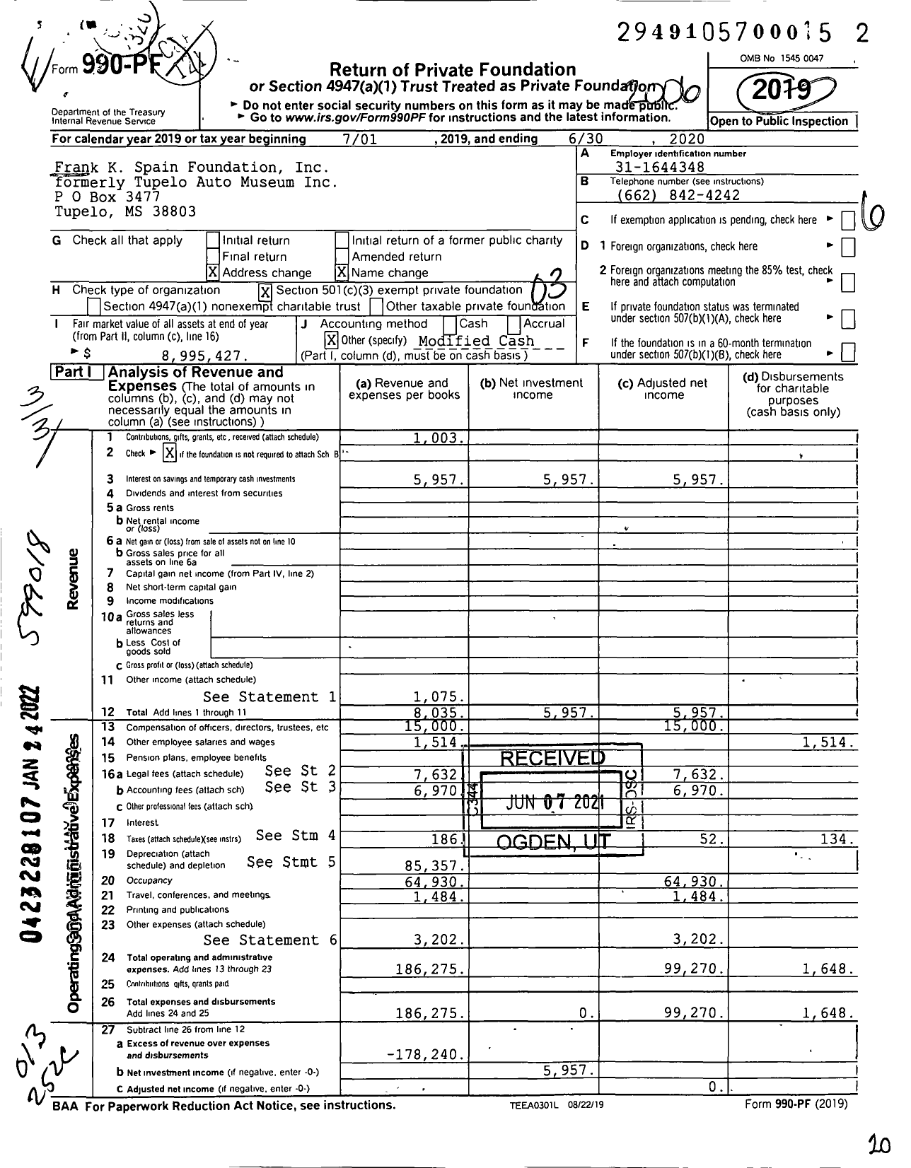 Image of first page of 2019 Form 990PF for Frank K Spain Foundation