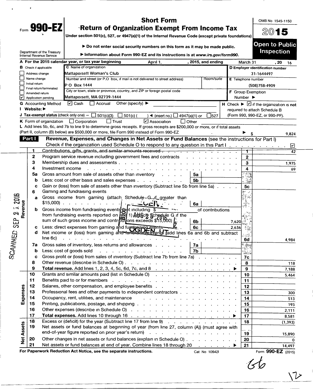 Image of first page of 2015 Form 990EO for Mattapoisett Womans Club