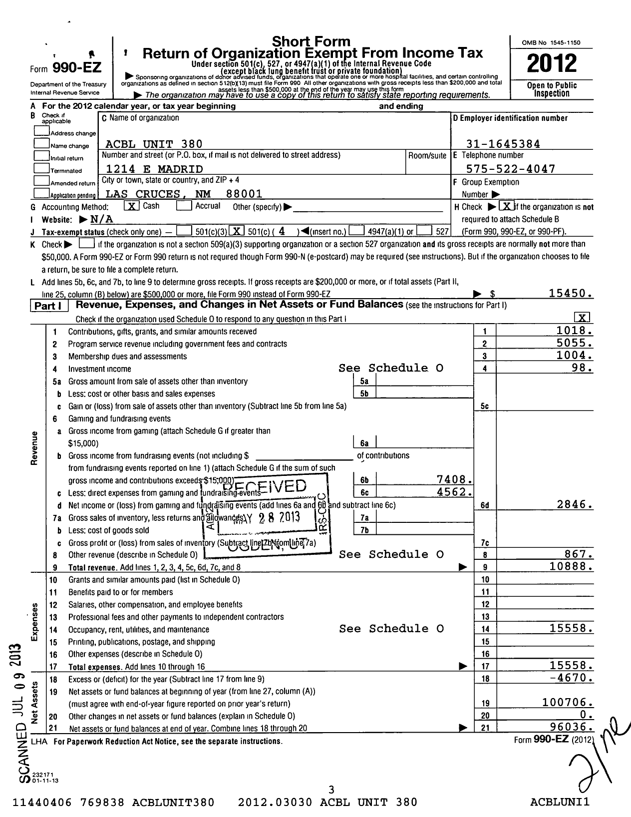 Image of first page of 2012 Form 990EO for Acbl Unit 380