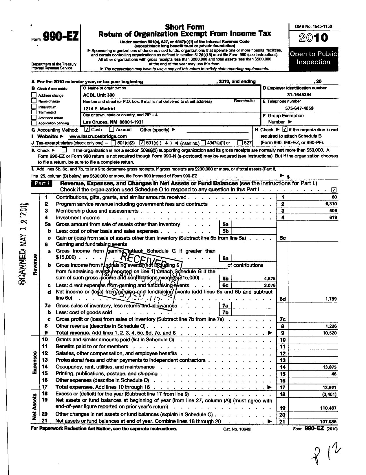 Image of first page of 2010 Form 990EZ for Acbl Unit 380