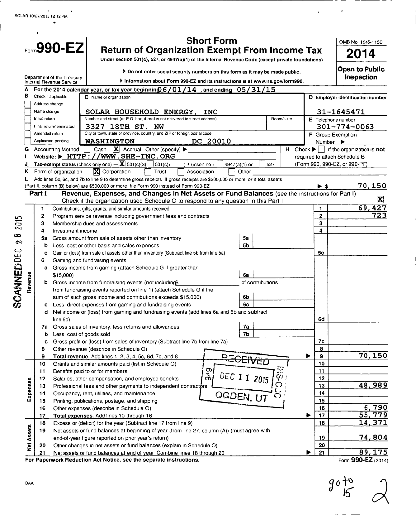 Image of first page of 2014 Form 990EZ for Solar Household Energy