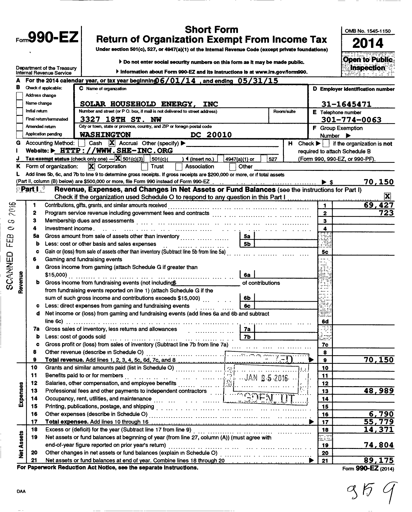 Image of first page of 2014 Form 990EZ for Solar Household Energy