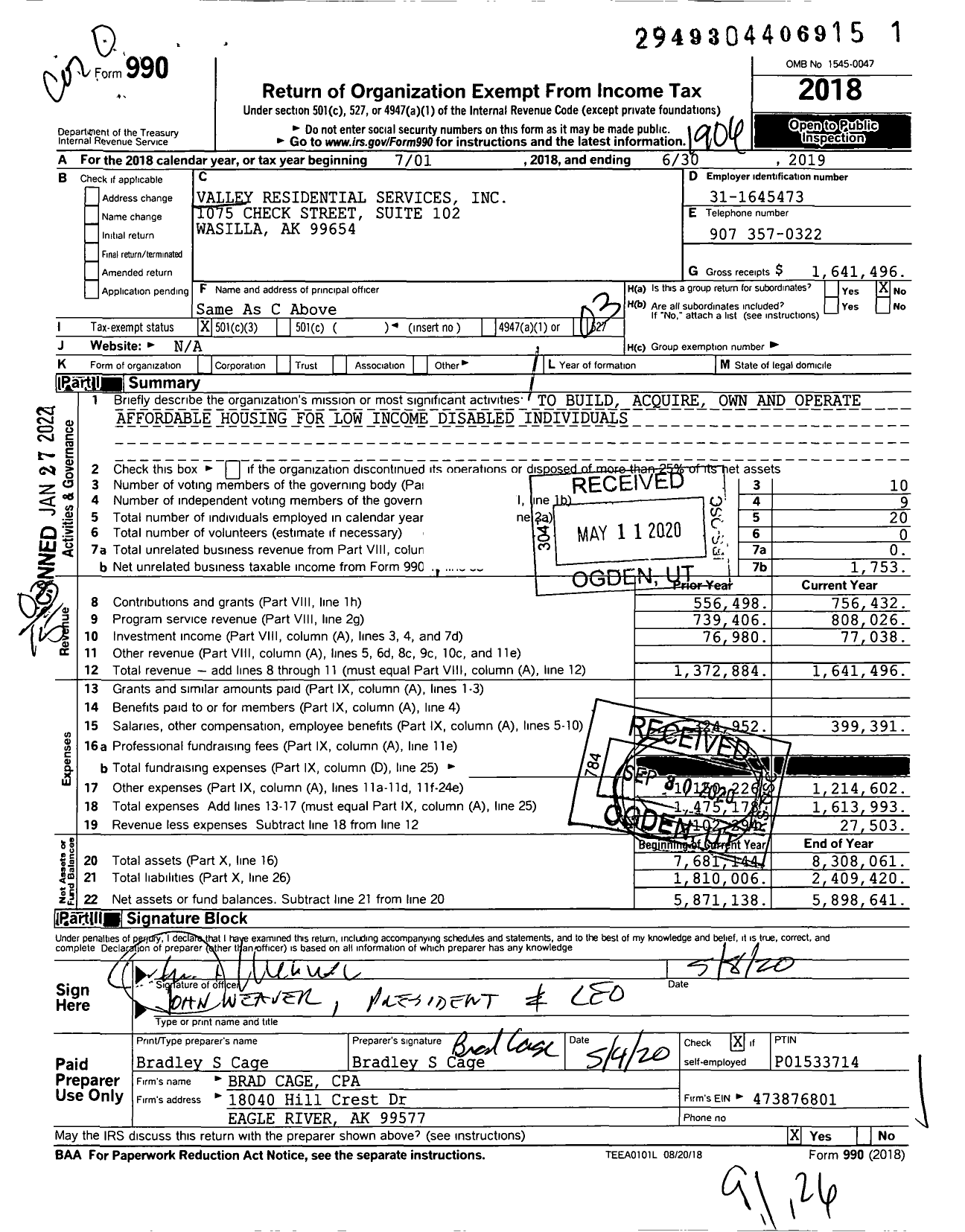 Image of first page of 2018 Form 990 for Valley Residential Services