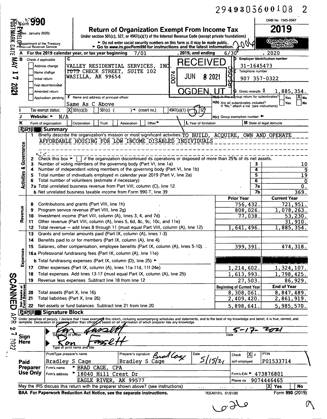 Image of first page of 2019 Form 990 for Valley Residential Services