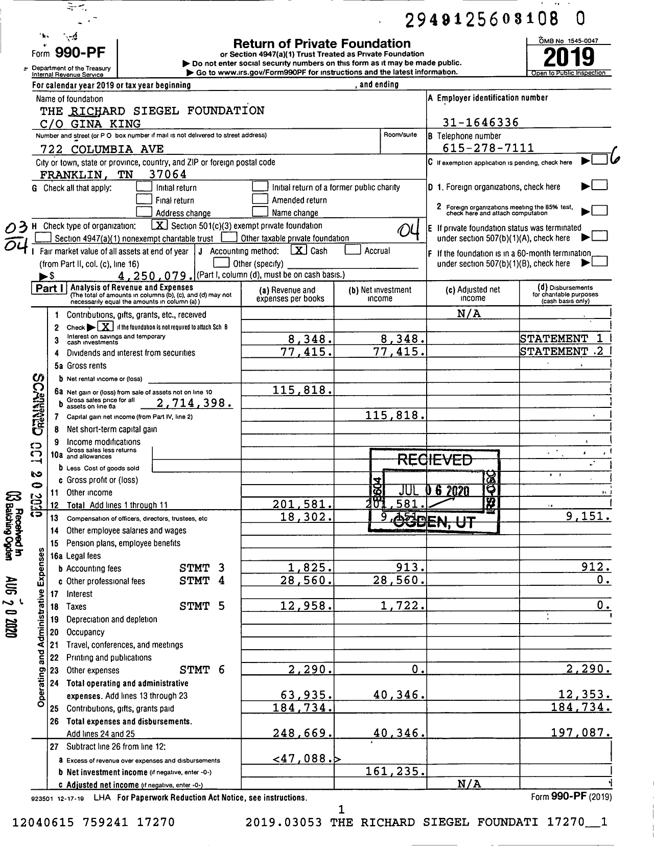 Image of first page of 2019 Form 990PR for The Richard Siegel Foundation