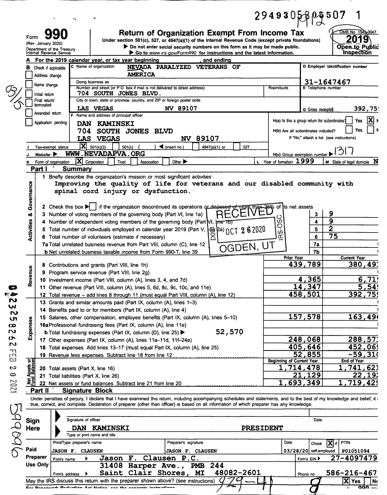 Image of first page of 2019 Form 990 for Nevada Paralyzed Veterans of America