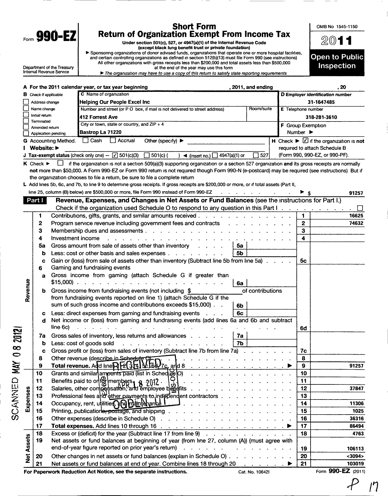 Image of first page of 2011 Form 990EZ for Helping Our People Excel / Pebbles Day Care