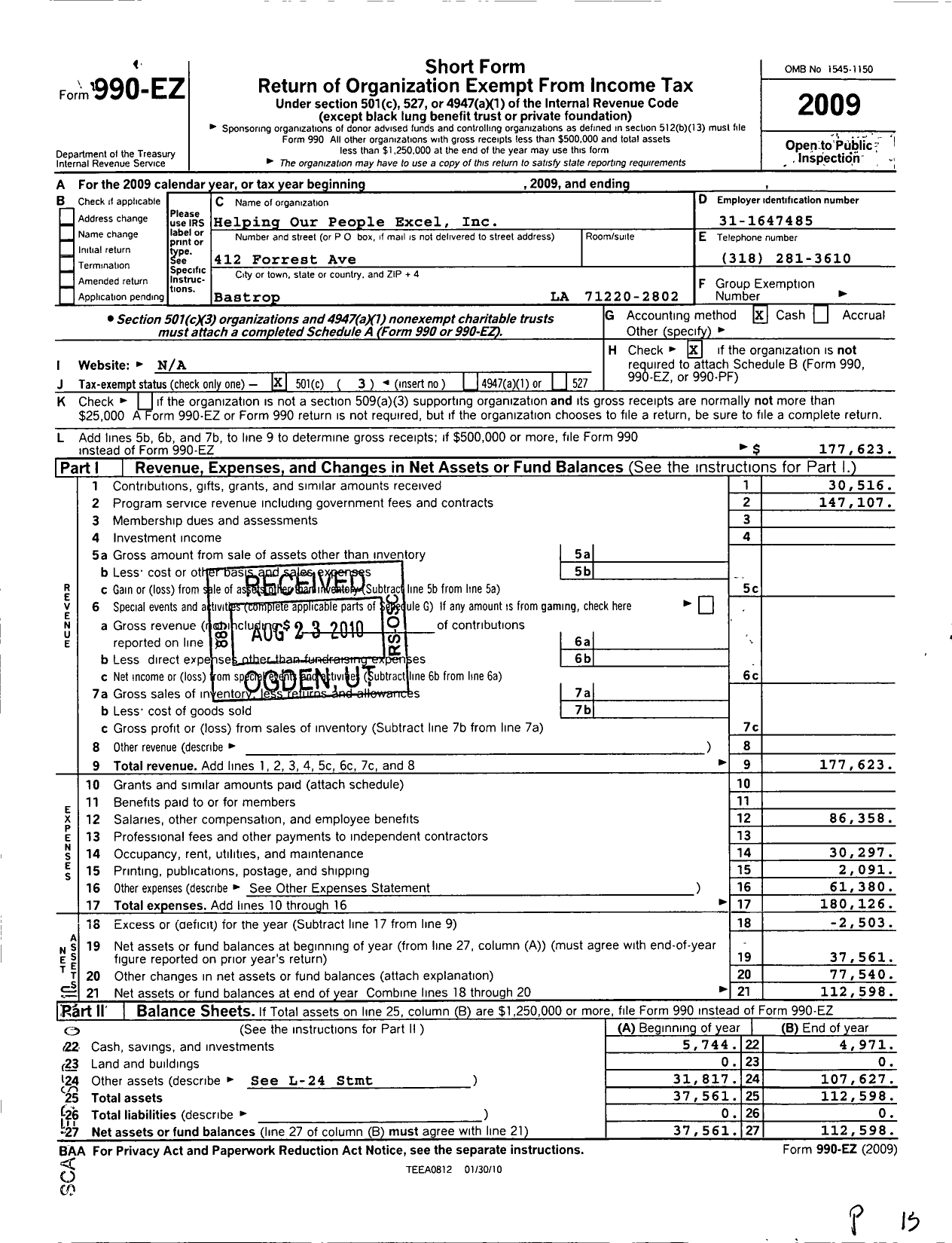 Image of first page of 2009 Form 990EZ for Helping Our People Excel / Pebbles Day Care