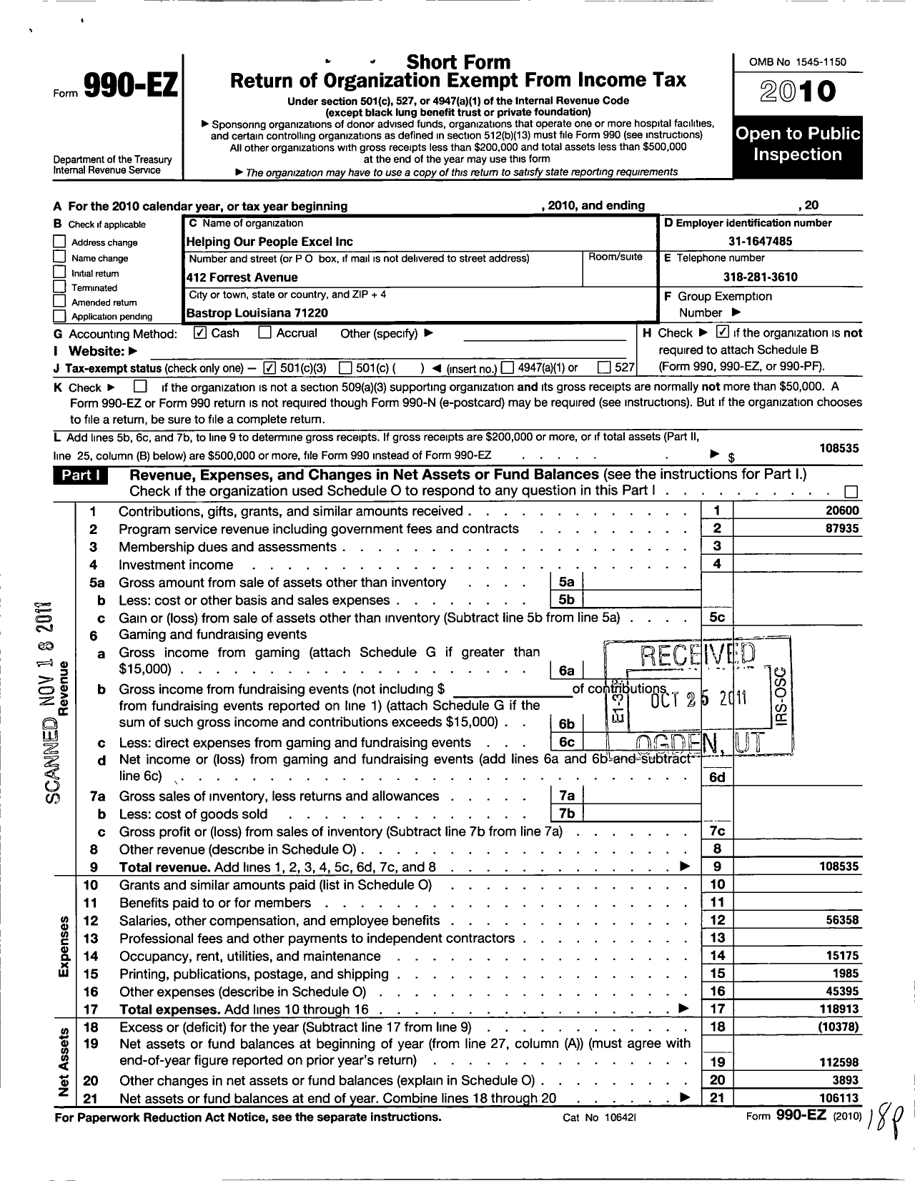 Image of first page of 2010 Form 990EZ for Helping Our People Excel / Pebbles Day Care