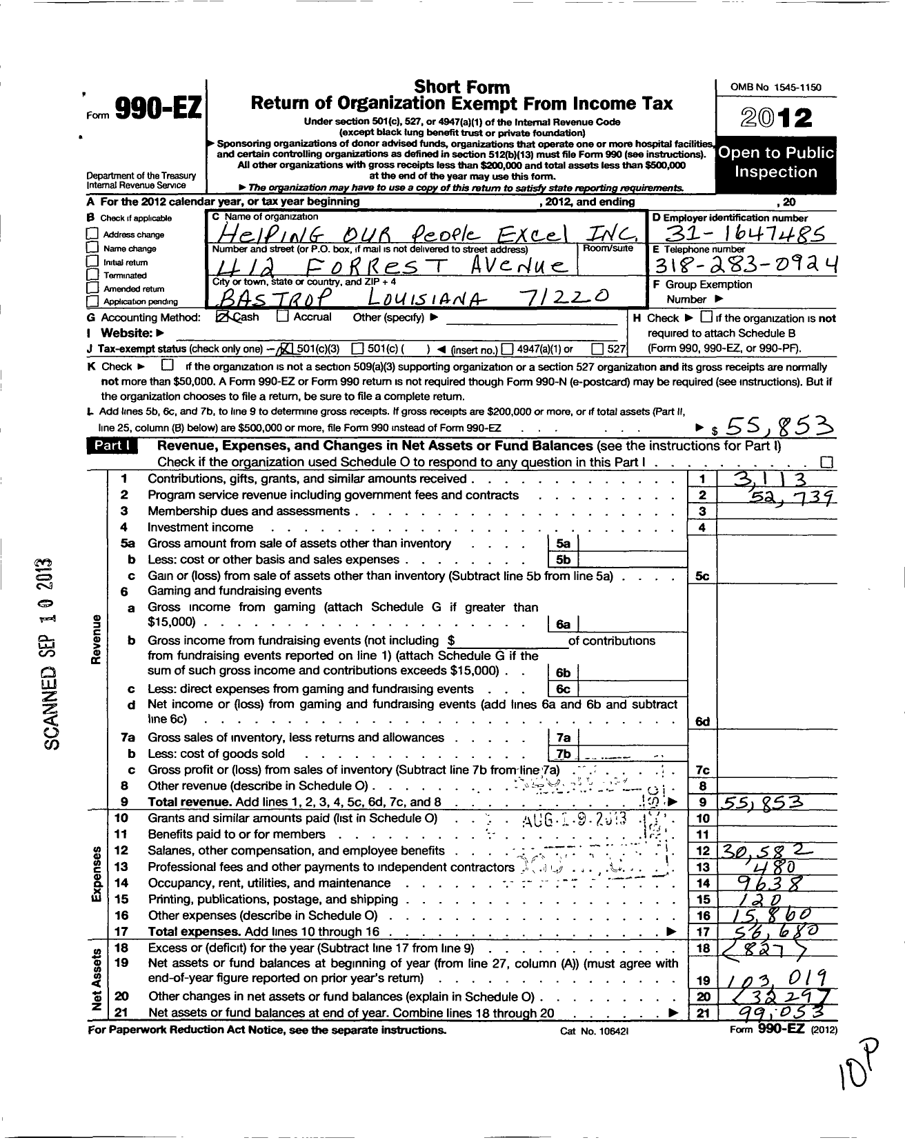 Image of first page of 2012 Form 990EZ for Helping Our People Excel / Pebbles Day Care