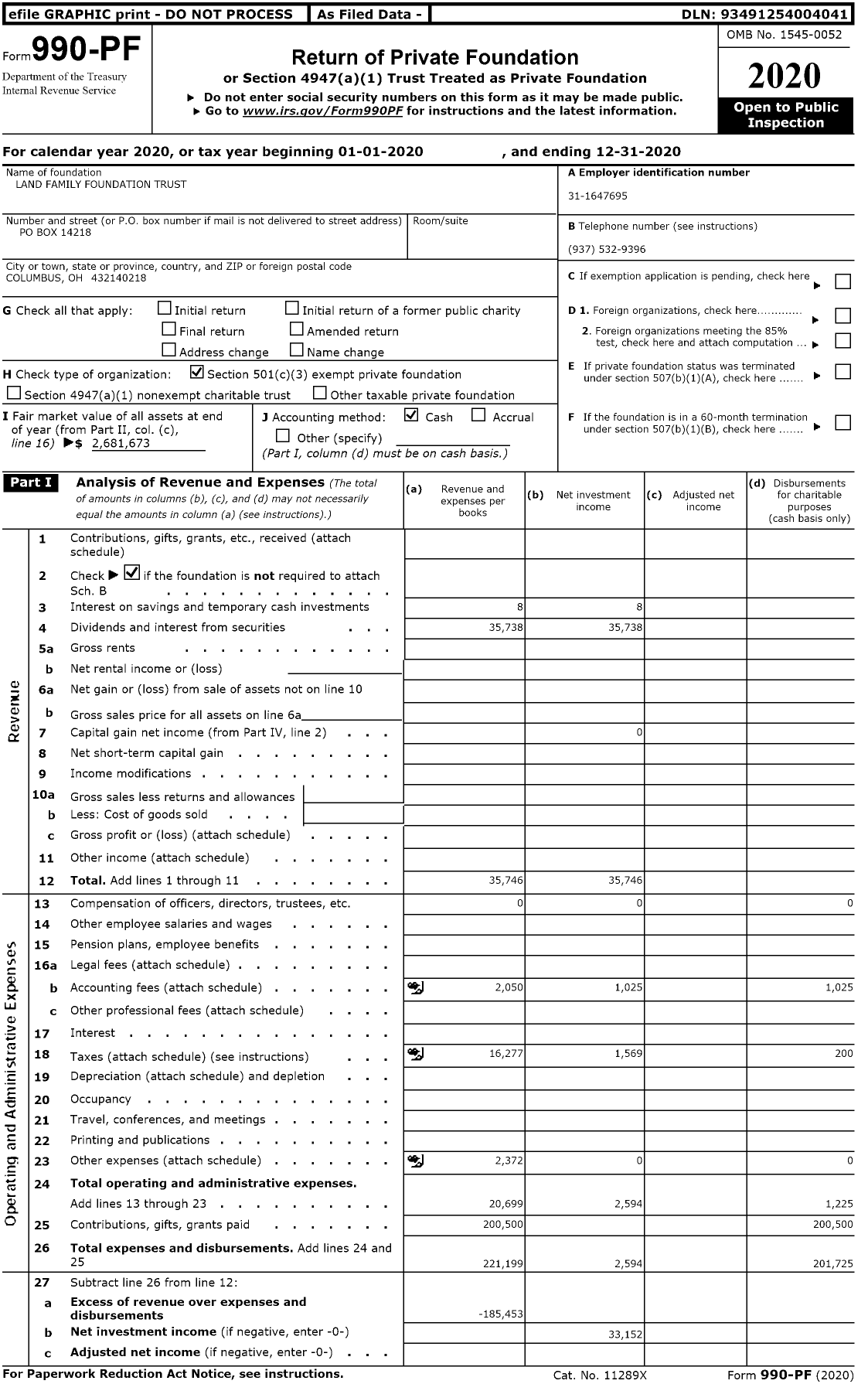 Image of first page of 2020 Form 990PF for Land Family Foundation Trust