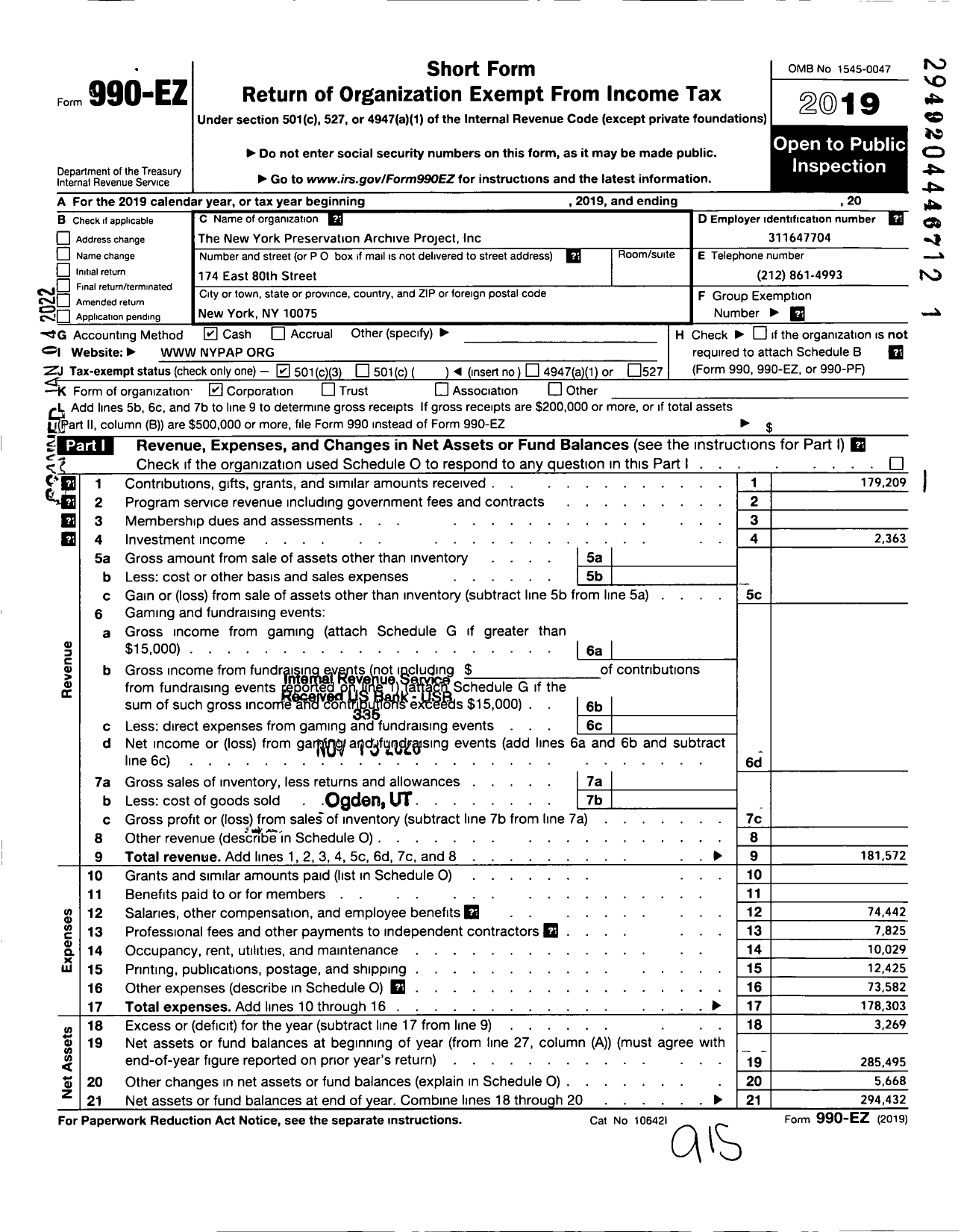 Image of first page of 2019 Form 990EZ for New York Preservation Archive Project