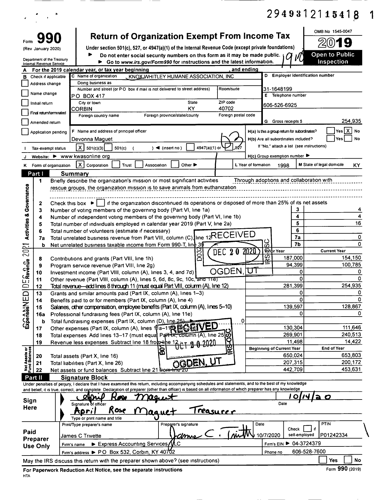 Image of first page of 2019 Form 990 for Knox Whitley Humane Association