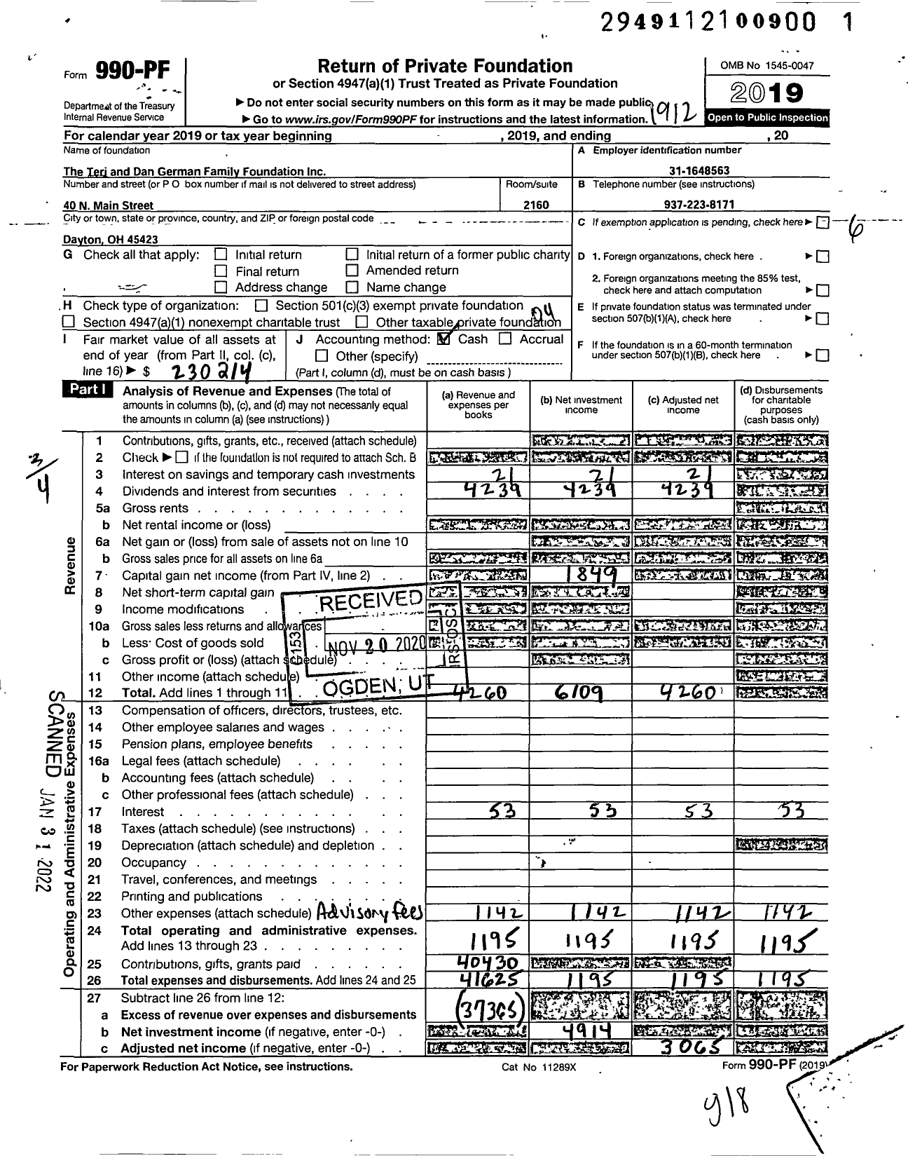 Image of first page of 2019 Form 990PF for The Teri and Dan German Family Foundation