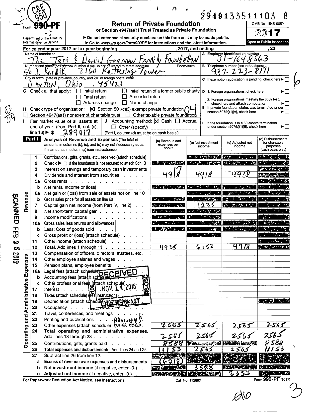 Image of first page of 2017 Form 990PF for The Teri and Dan German Family Foundation