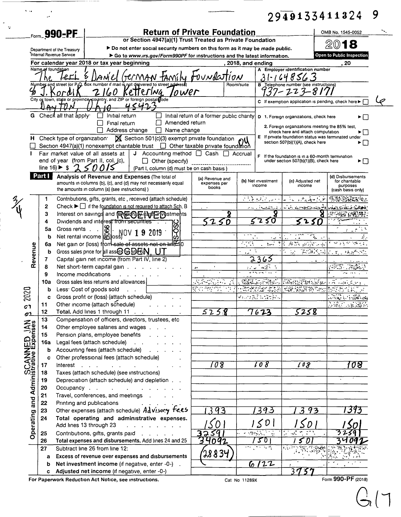 Image of first page of 2018 Form 990PF for The Teri and Dan German Family Foundation