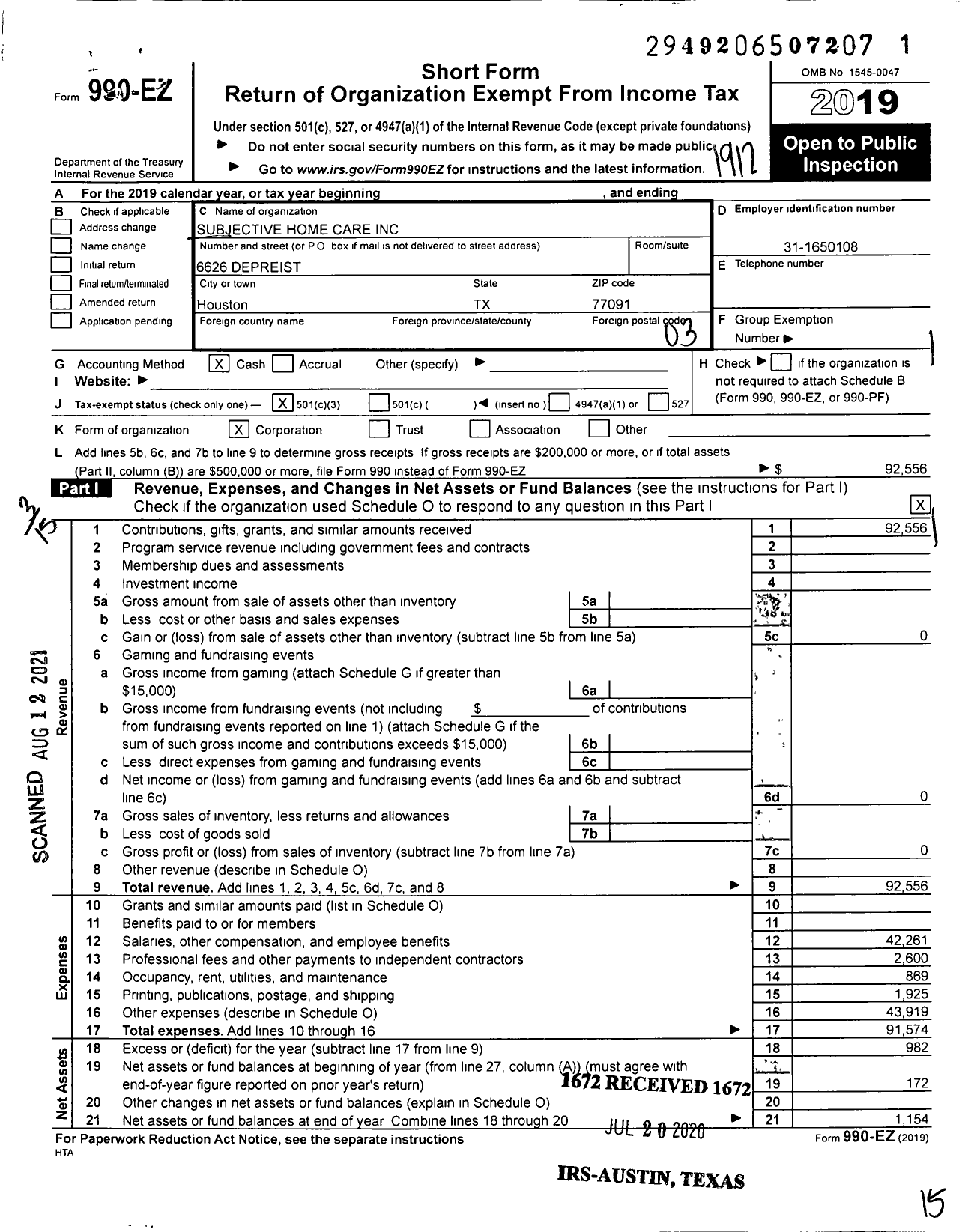 Image of first page of 2019 Form 990EZ for Subjective Home Care