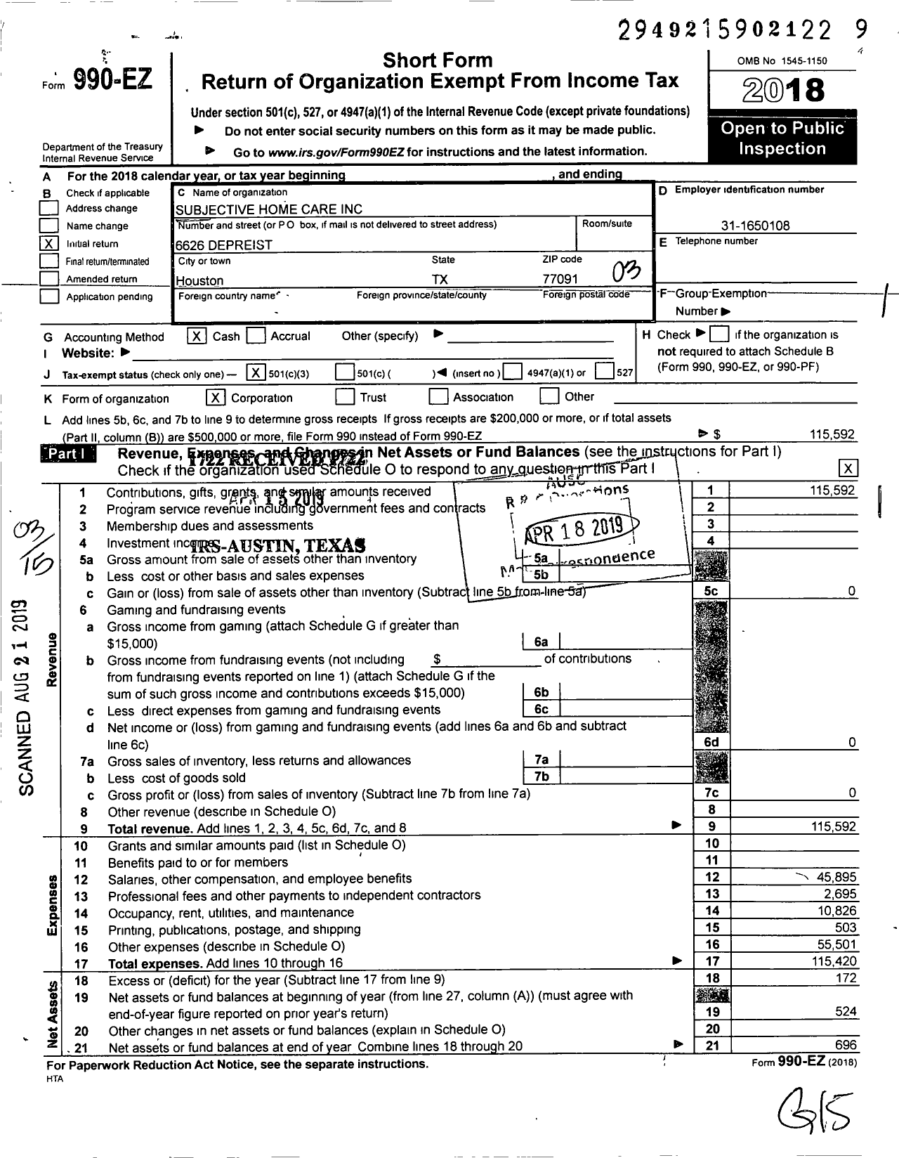 Image of first page of 2018 Form 990EZ for Subjective Home Care