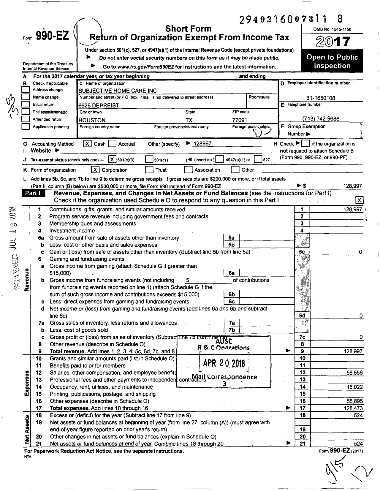 Image of first page of 2017 Form 990EZ for Subjective Home Care