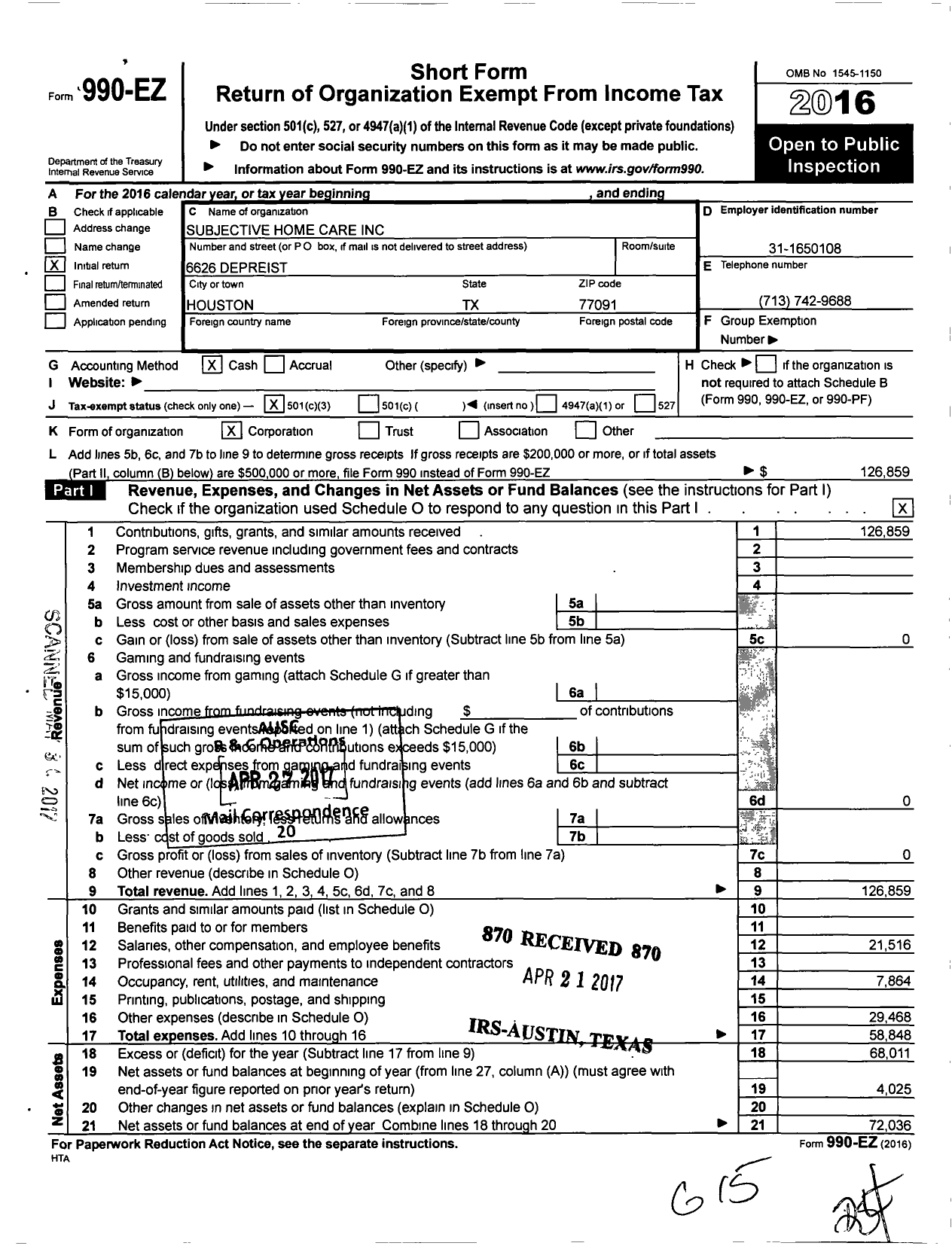 Image of first page of 2016 Form 990EZ for Subjective Home Care