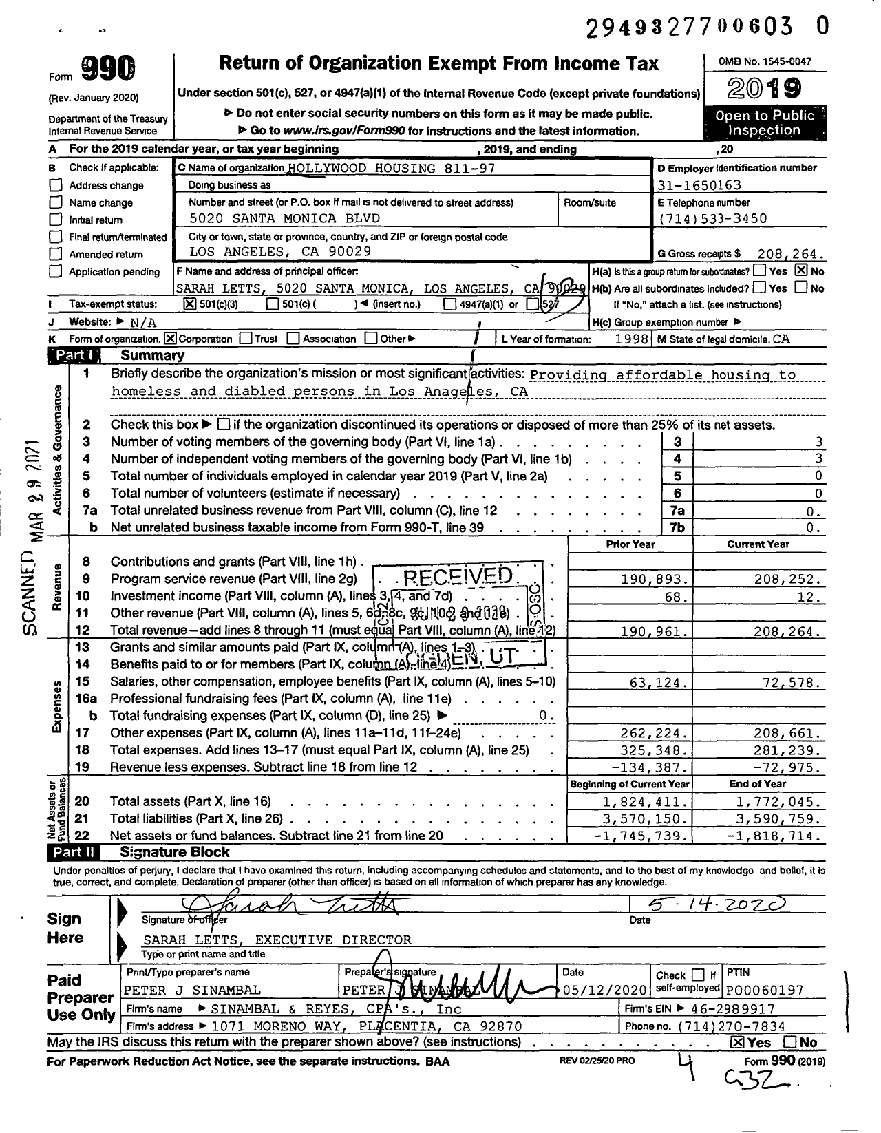 Image of first page of 2019 Form 990 for Hollywood Housing 811-97