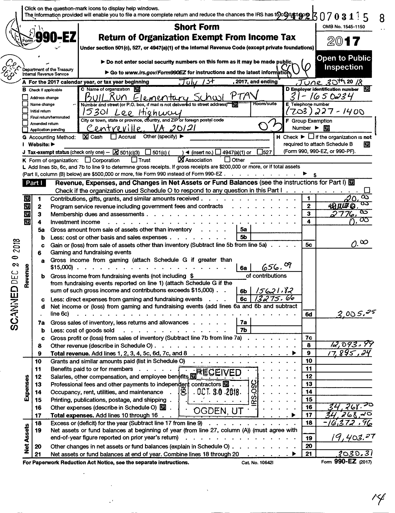 Image of first page of 2017 Form 990EZ for Virginia PTA - Bull Run Elementary School PTA