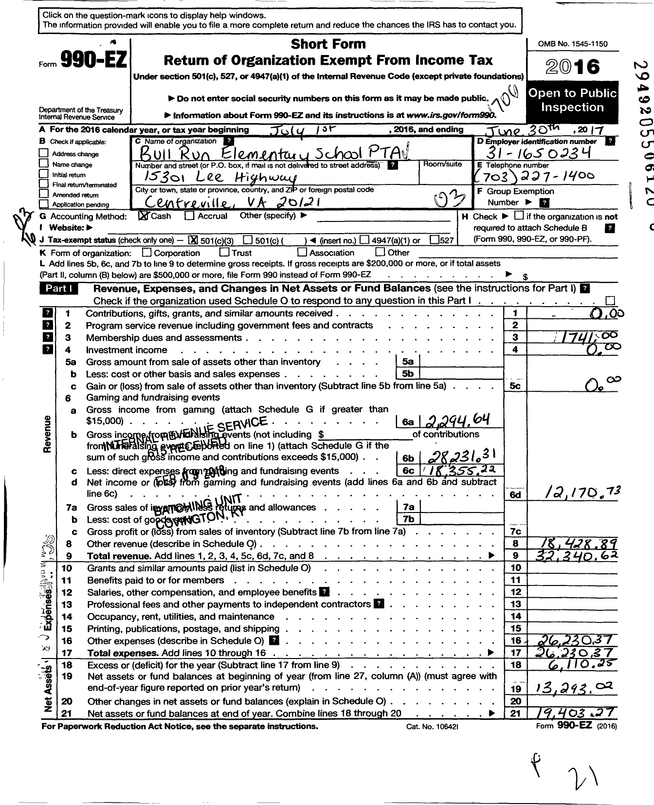 Image of first page of 2016 Form 990EZ for Virginia PTA - Bull Run Elementary School PTA