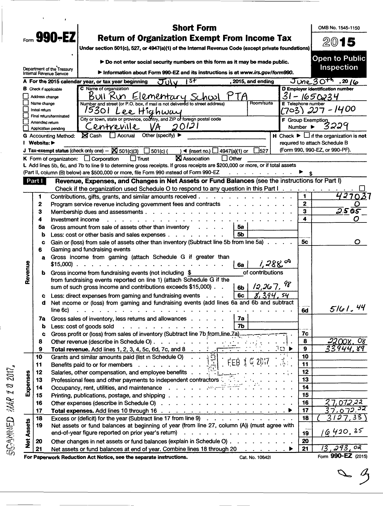 Image of first page of 2015 Form 990EZ for Virginia PTA - Bull Run Elementary School PTA