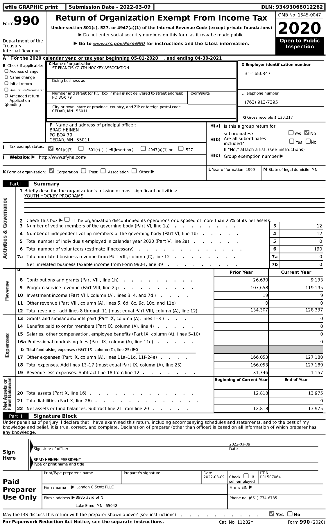 Image of first page of 2020 Form 990 for St Francis Youth Hockey Association