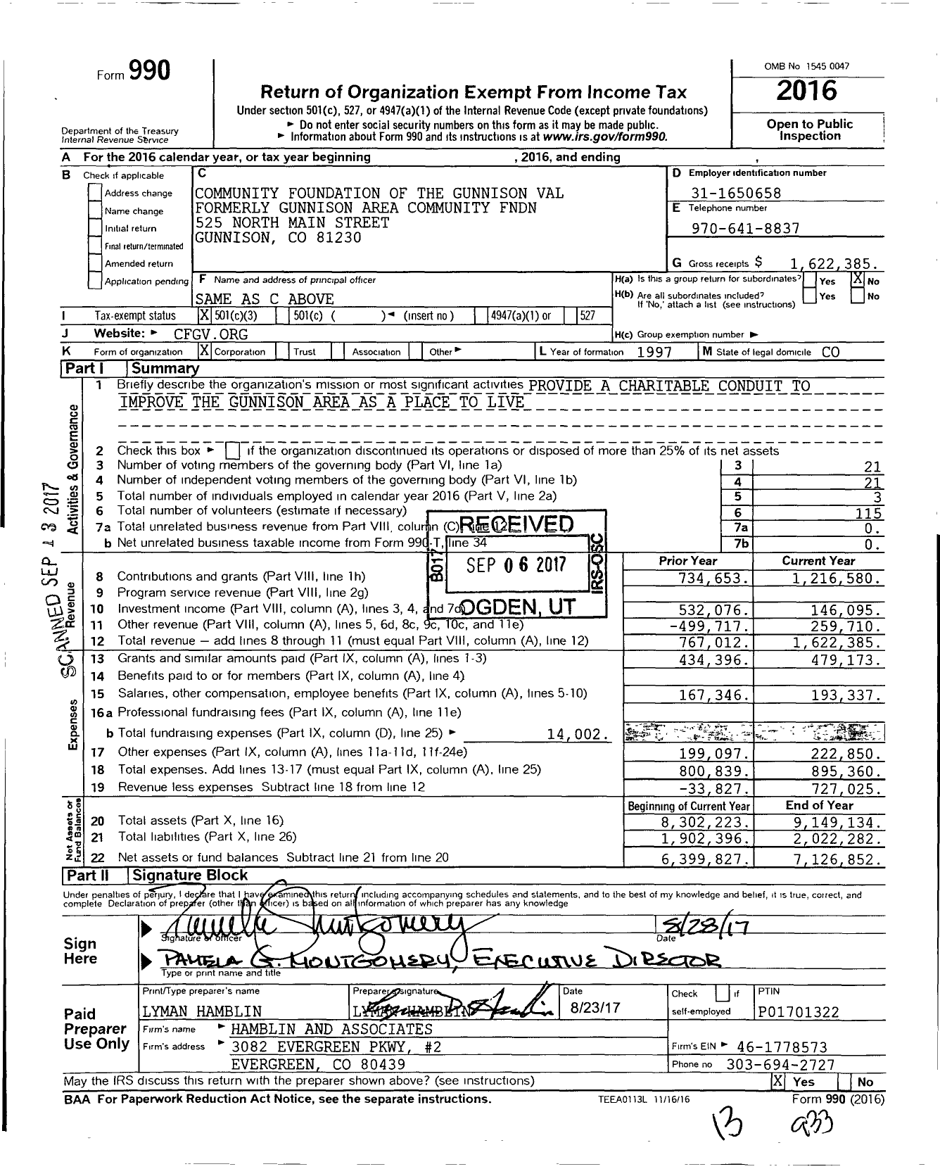 Image of first page of 2016 Form 990 for Community Foundation of the Gunnison Valley