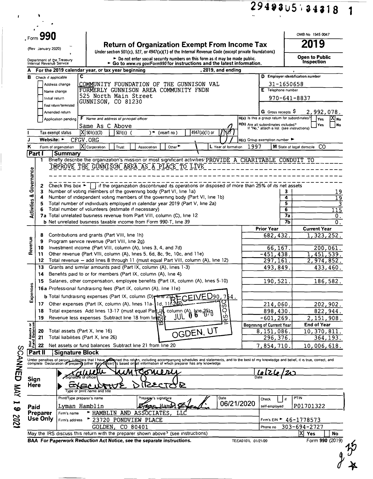 Image of first page of 2019 Form 990 for Community Foundation of the Gunnison Valley