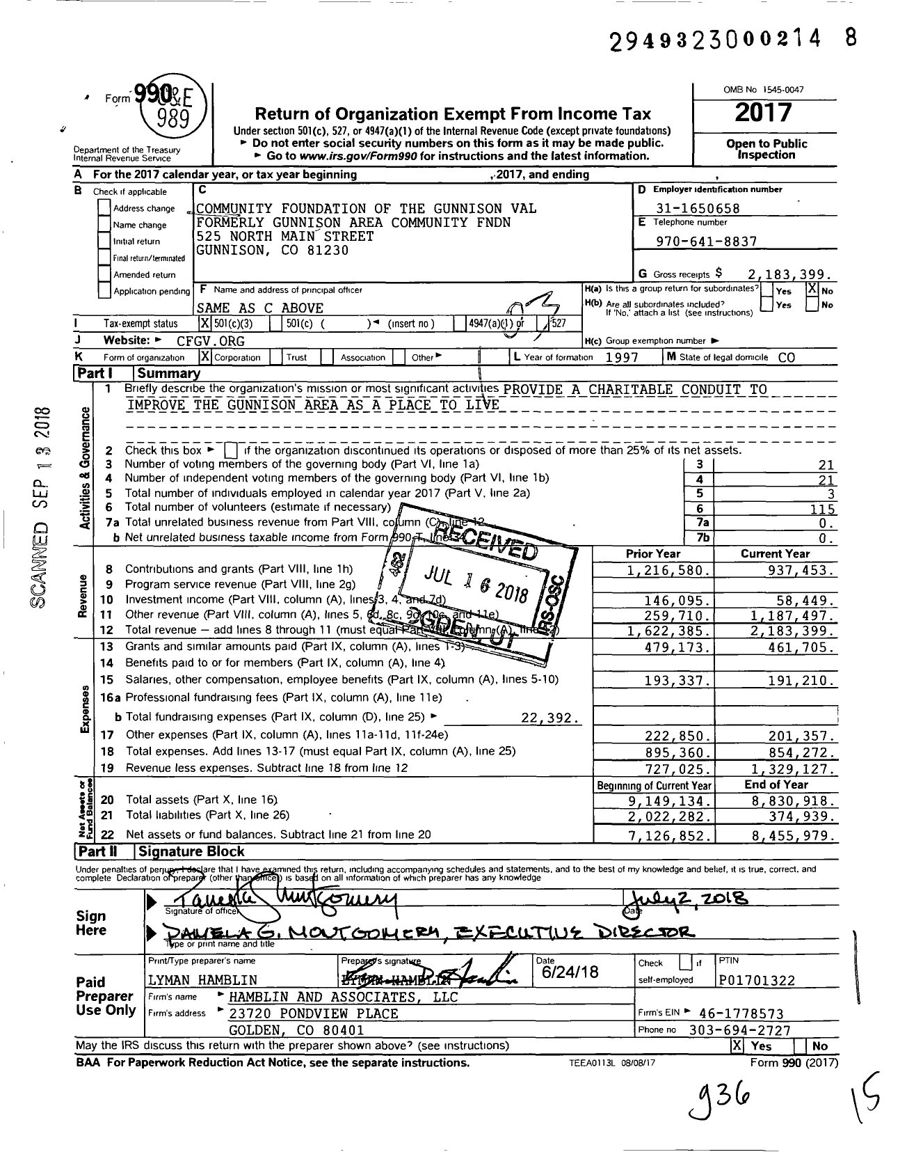 Image of first page of 2017 Form 990 for Community Foundation of the Gunnison Valley