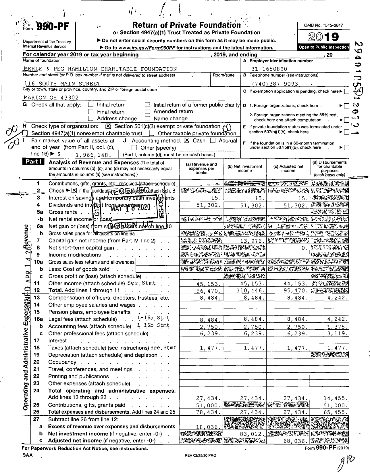 Image of first page of 2019 Form 990PF for Merle and Peg Hamilton Charitable Foundation