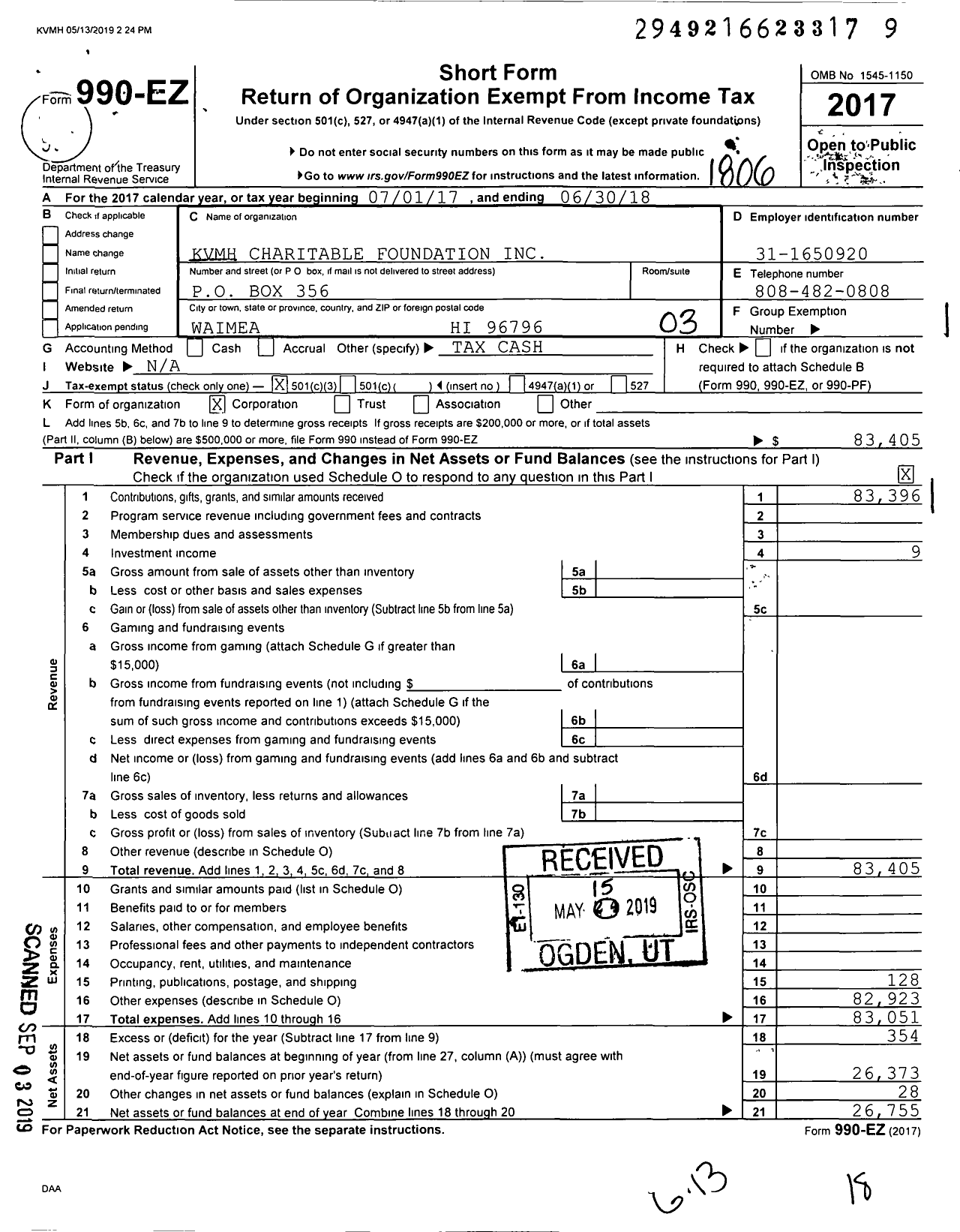 Image of first page of 2017 Form 990EZ for KVMH Charitable Foundation