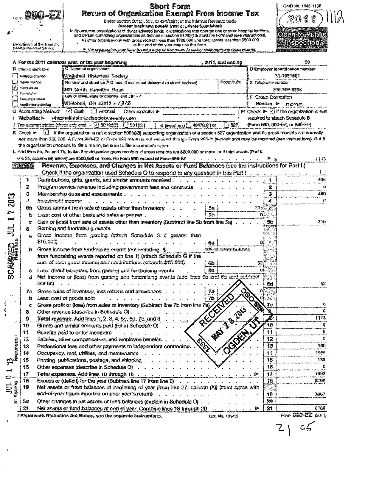 Image of first page of 2011 Form 990EZ for Whitehall Historical Society