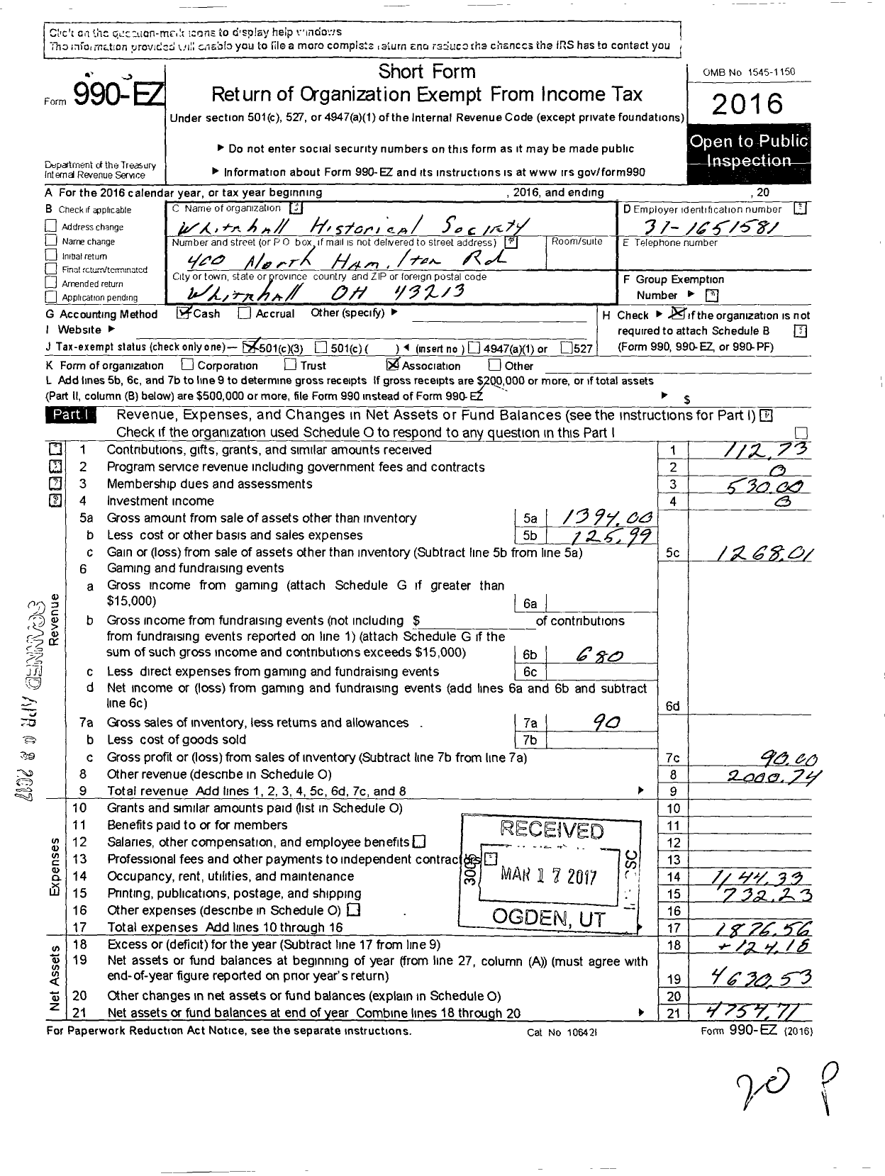 Image of first page of 2016 Form 990EZ for Whitehall Historical Society