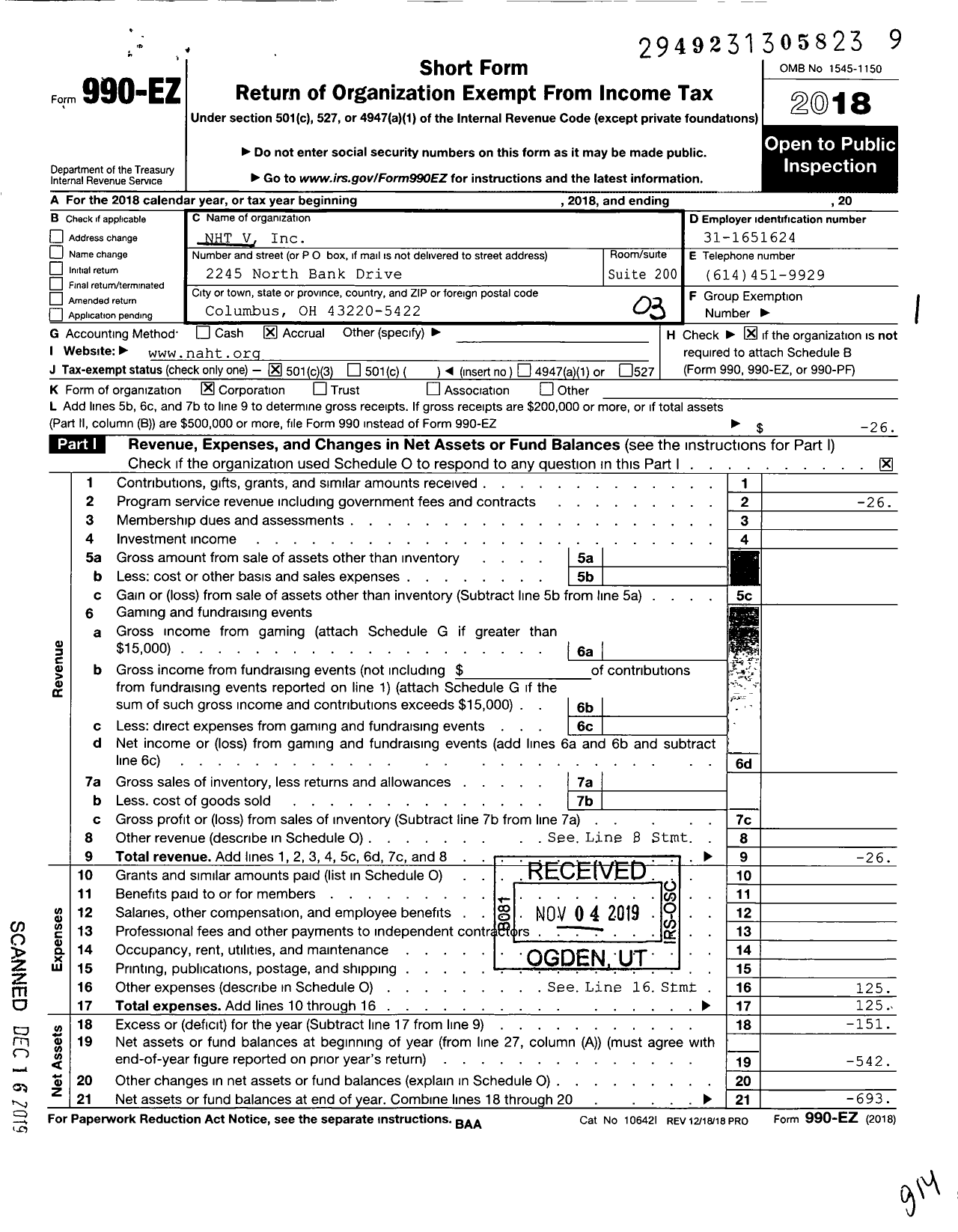 Image of first page of 2018 Form 990EZ for NHT V