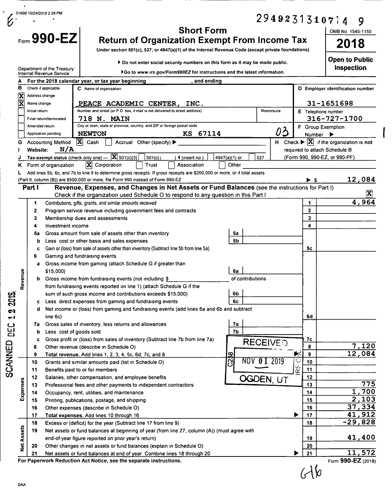 Image of first page of 2018 Form 990EZ for Peace Academic Center