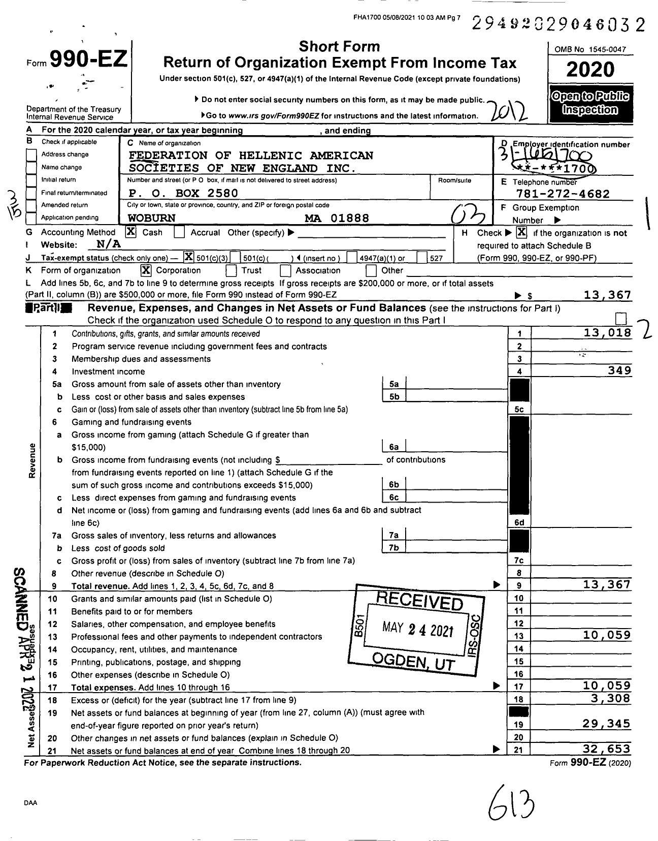 Image of first page of 2020 Form 990EZ for Federation of Hellenic American Societies of New England