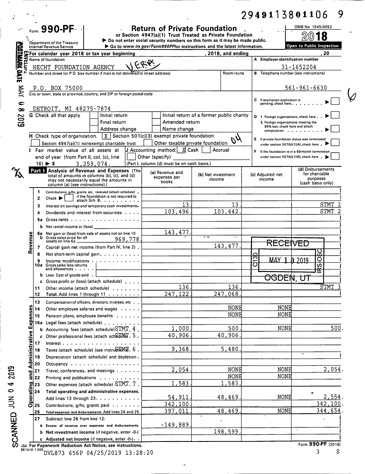 Image of first page of 2018 Form 990PF for Hecht Foundation